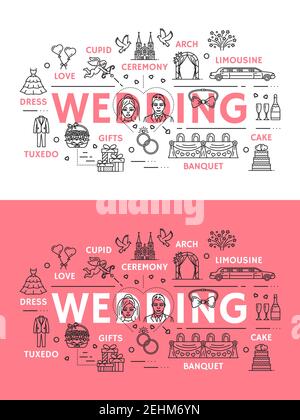 Wedding ceremony or marriage line art poster with outline icons. Cupid with bow and flower arch, limousine and cake, banquet and gifts, tuxedo and dre Stock Vector