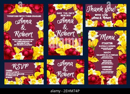 Wedding festive cards with blooming flowers as frame. Marriage ceremony invitations decorated by yellow tulip and red peony, white narcissus and tende Stock Vector