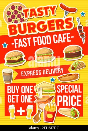 Fast food menu, vector. Hot dog and cheeseburger, hamburger and pizza, french fries snack and Chinese noodles in box. Sandwiches and tacos, barbecue a Stock Vector