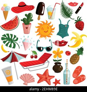 Set of summer accessories with sunbed, umbrella, sunscreen, swimsuit, ice cream, fruits, palm leaves isolated vector illustration Stock Vector