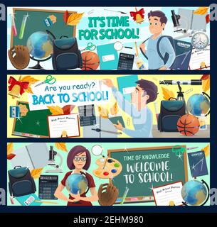 Welcome Back to School banners of student with education items and supplies. Teacher with book, globe and pencil, blackboard, bag and calculator, micr Stock Vector