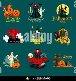 Halloween party or trick or treat night icons for greeting card or invitation design template. Vector Halloween scary pumpkin lantern monster, witch s Stock Vector