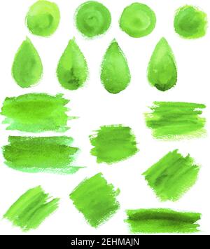 Green watercolor abstract paint strokes, blobs and splashes and drops. Vector isolated stain icons of gouache or oil paint paintbrush lines and round Stock Vector