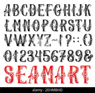 Alphabet letters and numbers retro font type with floral ornament. Vintage type of capital alphabet symbol and digit. Wedding invitation, greeting car Stock Vector