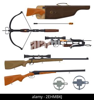 Hunting equipment and weapons icons. Vector rifle gun in holster, arbalest or crossbow arblast with optical sight and trap.Wild animals or hunt shooti Stock Vector