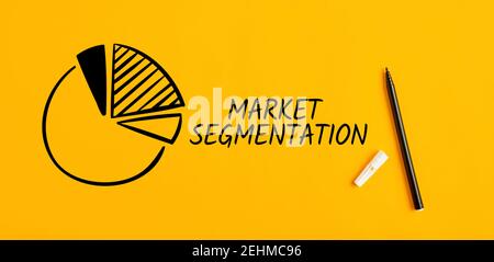 The word market segmentation with a hand drawn pie chart sketch on yellow background. Business marketing concept. Stock Photo