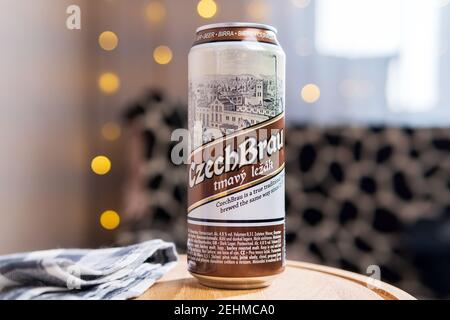 Tyumen, Russia-February 13, 2021: czech brau Beer is a dark beer. selective focus Stock Photo