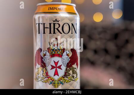 Tyumen, Russia-February 13, 2021: Thron Lager Germany, Dargun Reinheitsgebot, Deutsch Import selective focus Stock Photo