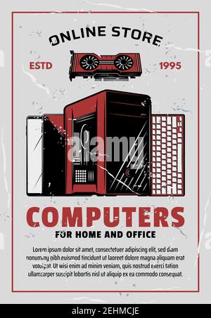 Electronics online store advertisement, retro style. Vector PC monitor or desktop computer with keyboard and cooler fan, smart devices mobile phone an Stock Vector