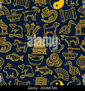 Chinese lunar zodiac animals and holiday celebration symbols for Chinese New Year. Vector seamless pattern background of golden China temple, coins an Stock Vector