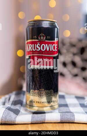 Tyumen, Russia-February 13, 2021: bottle of dark Krusovice Czech beer. logo Stock Photo