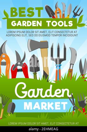 Gardening tools with agriculture or horticulture equipment, vector market. Scissors and secateur, shovel and axe, fork and knife in grass. Tools for w Stock Vector