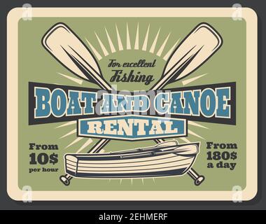 Fishing equipment rental advertisement poster with fisher boat or canoe.  Vector vintage design of wooden boat with paddles and price for fisherman  spo Stock Vector Image & Art - Alamy