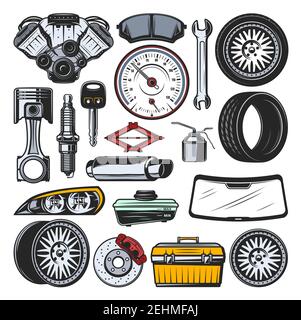 Car auto parts icons and tools. Vector engine valves, brake pads or manometer, tire and rims, spark plug and wrench, mechanic toolbox for repair, head Stock Vector