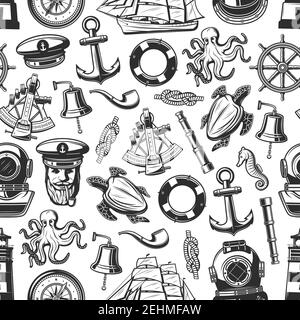 Nautical seamless pattern with marine and seafarer symbols. Vector background of sailor equipment, captain hat or smoking pipe and lighthouse, ship he Stock Vector