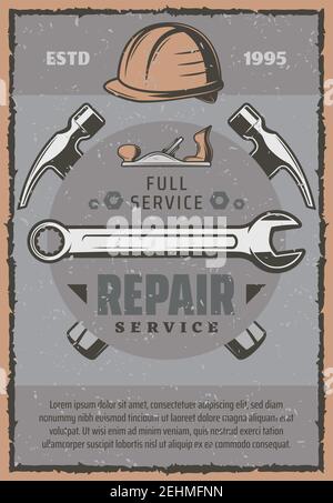 Repair service work tools and items. Hammers, wrench and spanner, hard hat, jack plane and screw tools. Construction, carpentry and building company t Stock Vector