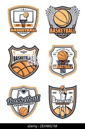 Ball sports logo. Badges for american football, soccer and basketball league.  Volleyball and bowling tournament symbol on shield vector set Stock Vector  Image & Art - Alamy