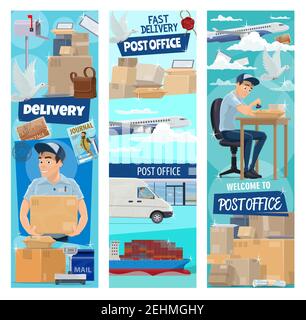 Post mail delivery banners for postage logistics. Vector flat design of postman profession or mailman delivering letters, envelopes and journals parce Stock Vector