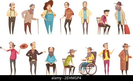 Senior man old disable citizens with walking cane retro cartoon icons 2 banners set isolated vector illustration Stock Vector