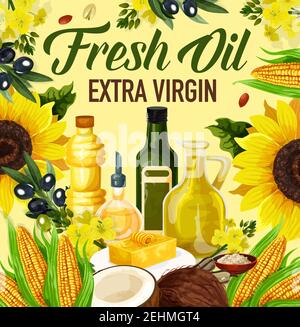 Natural oil made of sunflower seeds, olive and corn, peanuts and linseed, coconut and rapse. Vector extra virgin oils used in cosmetics, pharmaceutica Stock Vector