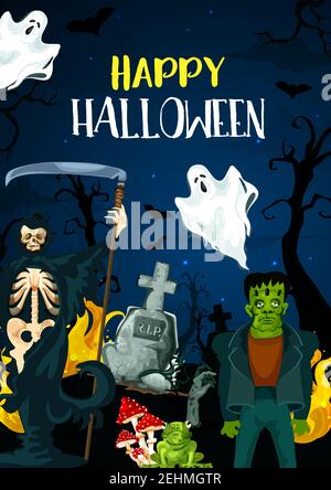 Happy Halloween greeting card for monster party celebration. Vector cartoon design of ghosts, death or vampire and zombie hand or monsters in forest o Stock Vector