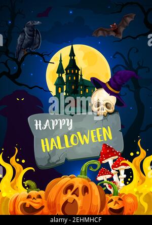 Happy Halloween greeting card of cartoon monsters and castle. Vector design of pumpkin in evil fire, skull on tombstone and crow with witch bat or mus Stock Vector