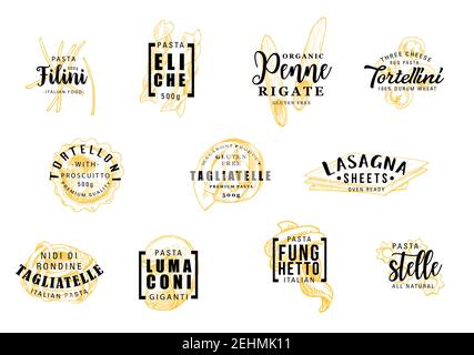 Pasta silhouettes symbols with lettering icons or signs. Filini and eliche, penne and tortellini, tortelloni and tagliatelle, lasagna and lumaconi, fu Stock Vector