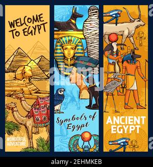 Egypt travel landmarks and ancient religion culture. Vector sketch Egyptian Cheops pharaoh pyramid, camel, sphinx or Tutankhamen mummy and Nefertiti p Stock Vector