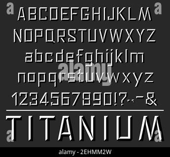 Titanium font letters. Vector embossing or silver metal texture design of uppercase, lowercase alphabet, numbers or special symbols and punctuation ma Stock Vector
