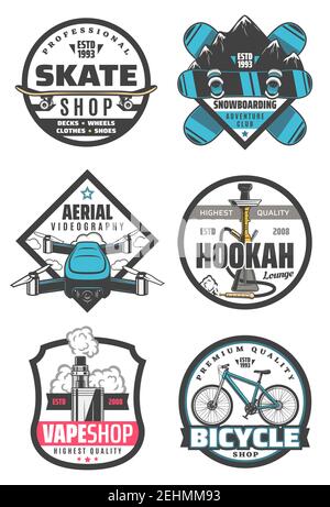 Skate shop and snowboarding, aerial videography and hookah, vape store and bicycle icons with transport and smoking devices or gadget. Entertainment o Stock Vector