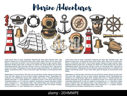 Nautical objects and sailor equipment, marine adventure and travel. Vector captain in hat with smoking pipe, lighthouse and ship helm with anchor, spy Stock Vector