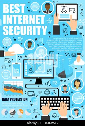 Internet security and web data exchange protection. Vector secure cloud storage technology, user files privacy and encryption in computer and smartpho Stock Vector