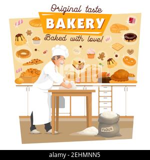 Baker knead dough on bakery kitchen for bread and pastry. Vector man profession with flour bag baking wheat bread or croissant or ciabatta, sweet marm Stock Vector