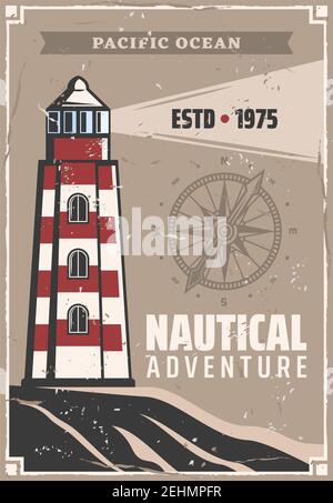 Lighthouse retro poster with navigation compass or wind rose. Vector nautical or marine vintage design for seafarer ship safe sailing and ocean travel Stock Vector