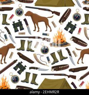 Hunting equipment and hunter ammo seamless pattern. Vector background of hunter rifle gun, hunting dog, rubber boots and compass, pocketknife and camp Stock Vector
