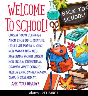 Welcome to School banners of school bag, geography globe or biology microscope and chemistry book or pencil stationery, ruler and maple leaf. Vector B Stock Vector