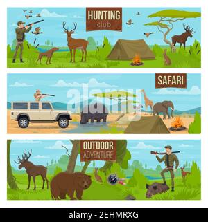 Hunting sport vector banners of hunter, gun, animal and bird. Hunt ...