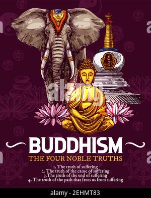 Buddhism religious symbols, sketch. Vector golden Buddha or monk statue in Zen meditation, white elephant and lotus flowers with stupa shrine for Budd Stock Vector