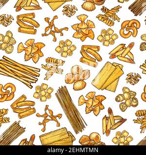 Italian pasta pattern. Vector seamless background of lasagna, fettuccine and spaghetti, penne with ravioli, conchiglie or tagliatelli and funghetto pa Stock Vector