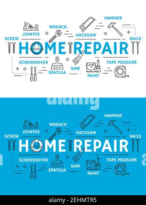 Home repair and renovation or construction tools. Vector thin line carpentry hammer or saw, electric drill or screwdriver and bolts, jointer and paint Stock Vector