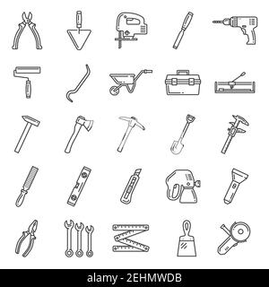 Tools lineart icons, construction and repair equipment. Vector hammer, wheelbarrow and woodwork file, grinder, plastering spatula and painting brush o Stock Vector