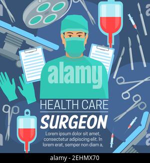 Surgeon profession, medical center or clinic service. Vector surgery table and doctor in mask, scissors or scalpel and blood transfusion dropper, surg Stock Vector