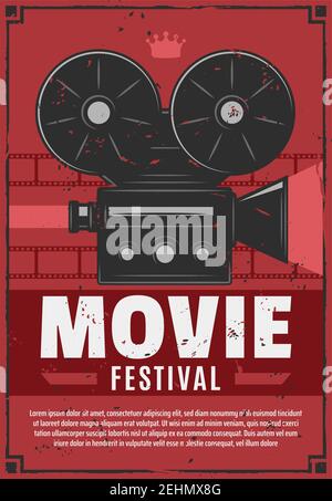 Movie or cinema festival, vintage video camera with film reels on brick wall. Vector film projection night retro invitation or announcement with equip Stock Vector