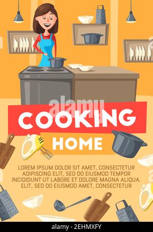 Home cooking, cartoon housewife woman on kitchen with utensils. Vector kitchenware, saucepan or frying pan on stove, dishwasher and grater with whisk Stock Vector