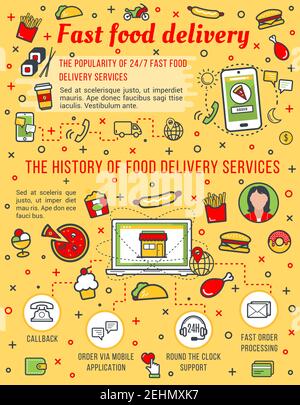 Fast food delivery, sandwiches, burgers and snacks. Vector thin line design of 24 hours 7 days order delivery on phone app. Pizza, cheeseburger, fries Stock Vector