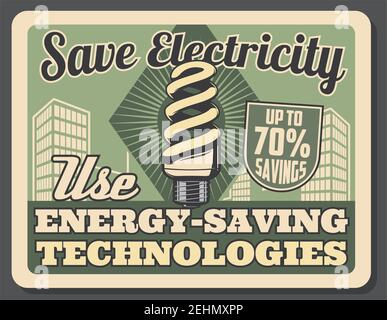 Energy-saving technologies retro poster. Compact fluorescent lamp helping to save up to 70 percent savings. Vector leaflet on save electricity concept Stock Vector
