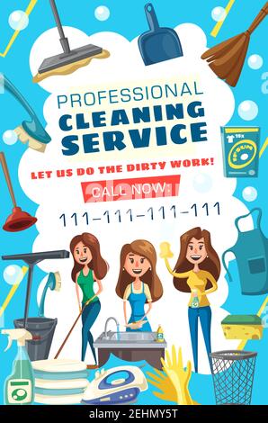 Cleaning and housework service. Woman washing, house cleaning, laundry and cooking. Housekeeping and housework tools with chores apron, glove and buck Stock Vector
