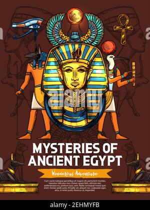 Ancient Egypt poster, vector sketch. Pharaoh gold mask, scarab amulet and Anubis god sculpture, Eye of Horus, Nefertiti icon on wall, Winged Scarab an Stock Vector