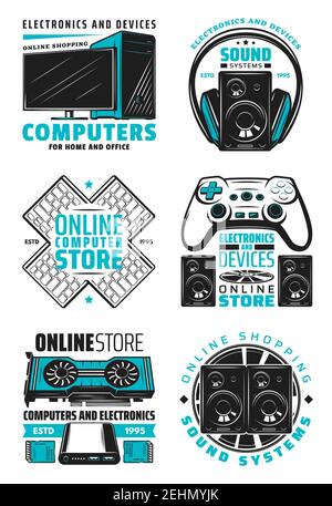 Electronic devices and computer online store icons. Vector home and office appliances, PC notebook, audio and video multimedia players, Hi-Fi systems Stock Vector