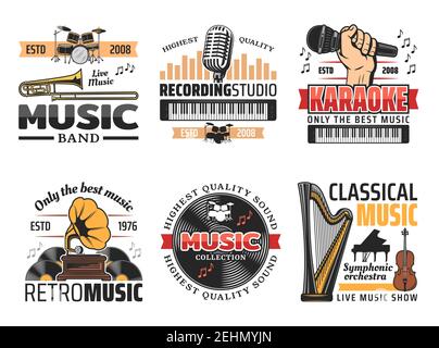 Music instruments icons for karaoke club, live music show or band concert and festival or recording studio label. Vector drums, synthesizer or retro g Stock Vector
